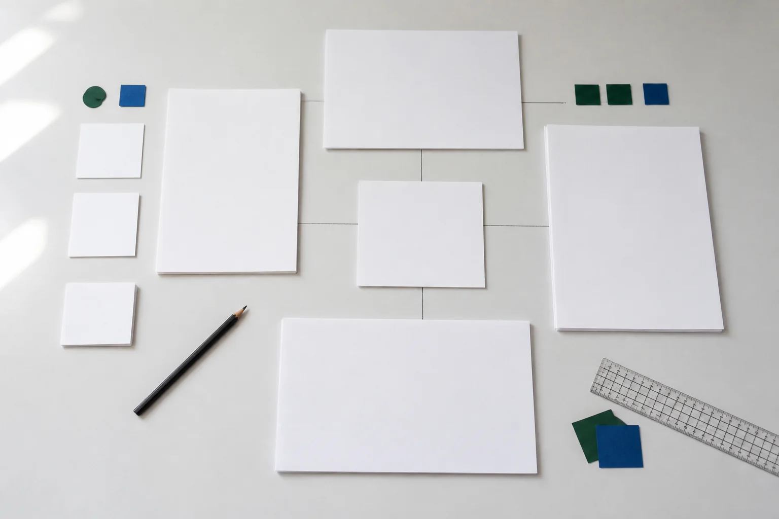 Blank cards arranged as a connected working system with a pencil, ruler, and blue and green markers.